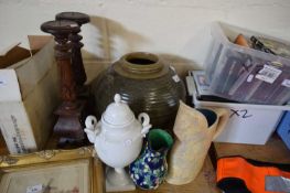 LARGE BULBOUS STUDIO POTTERY VASE, APPARENTLY UNMARKED, TOGETHER WITH A FURTHER SMALL MAJOLICA STYLE