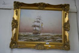 DON GREEN, STUDY OF TALL SHIPS ON ROUGH SEA, OIL ON CANVAS, GILT FRAMED