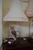 MODERN TABLE LAMP, THE BASE FORMED AS AN OWL SEATED ON BOOKS