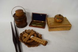 MIXED LOT : WOODEN BISCUIT BARREL, CASED DRAWING INSTRUMENTS, WOODEN CRUCIFIX ETC