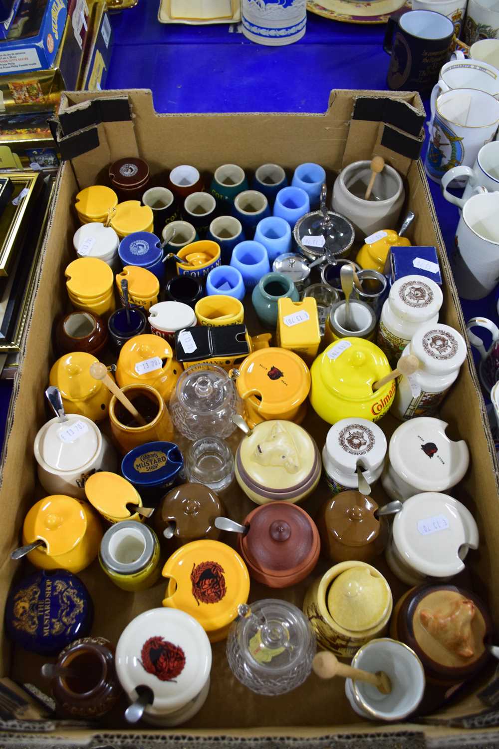 COLLECTION OF MUSTARD POTS INCLUDING SOME COLMAN'S WITH WOODEN SPOONS (QTY)