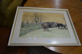 JO CONTI, STUDY OF HORSES BY A BRIDGE, WATERCOLOUR, F/G