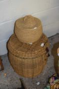 HARRODS WICKER BASKET CONTAINING A 10LTR FRENCH GLASS CARBOY TYPE BOTTLE, TOGETHER WITH A FURTHER