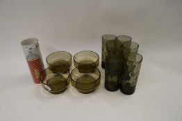 COLLECTION OF VARIOUS SMOKED GLASS WARES TOGETHER WITH A FURTHER GERMAN CYLINDRICAL VASE