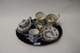 MIXED LOT : SMALL JASPERWARE STAND, ROYALTY MUGS AND OTHER CERAMICS
