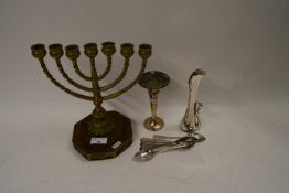 JEWISH BRASS MENORAH CANDLESTICK, TOGETHER WITH FURTHER SILVER PLATED VASES AND CUTLERY