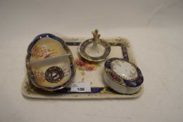 MIXED LOT : DRESSING TABLE CHINA WARES AND A SMALL SILVER BROOCH