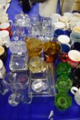 COLLECTION OF GLASS WARES INCLUDING INKWELLS, AMBER COLOURED JUG AND OTHER GLASS WARES