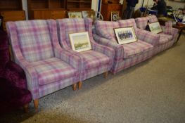 PALE PURPLE/LILAC TARTAN COVERED PAIR OF TWO-SEATER SOFAS AND ACCOMPANYING PAIR OF ARMCHAIRS (4)