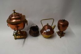 MIXED LOT : COPPER SAMOVAR, COPPER KETTLE, EGG CODDLER AND A SMALL COPPER POT (4)