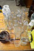 COLLECTION OF GLASS WARE, JUGS, BOTTLES ETC