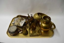 MIXED LOT : BRASS WARES TO INCLUDE BLOW TORCH, KETTLE, COAL SCOOP ETC PLUS FURTHER SILVER PLATED