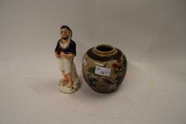 CHINESE CRACKLE GLAZE GINGER JAR TOGETHER WITH A FURTHER STAFFORDSHIRE FIGURE (2)