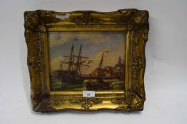 STUDY OF HARBOUR SCENE WITH FRENCH BOAT, OLEOGRAPH IN ANTIQUE STYLE, SET IN A GILT FRAME