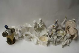 MIXED LOT VARIOUS POTTERY MODELS OF BIRDS PLUS TWO FIGURINES PLUS QUANTITY OF WHITE GLAZED VASES AND