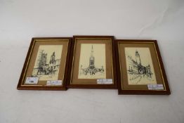 PRINTS OF MADDERMARKET NORWICH, NORWICH CATHEDRAL AND CITY HALL, ALL IN LIGHT OAK FRAMES