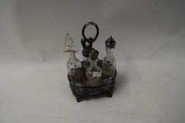 SILVER PLATED CRUET STAND WITH FOUR CLEAR GLASS BOTTLES AND JARS