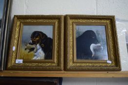 TWO PICTURES OF HUNTING DOGS, IN GILT FRAMES