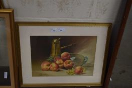 COLOURED PRINT, STILL LIFE OF PEACHES AND A BRASS JUG, F/G