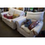 MODERN CREAM UPHOLSTERED TWO-SEATER SOFA AND MATCHING CHAIR