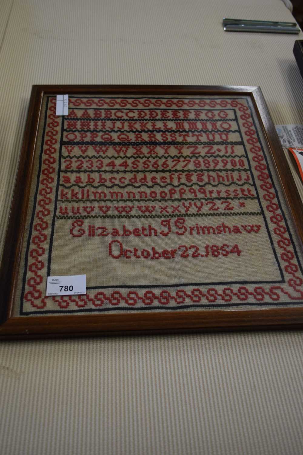 19TH CENTURY NEEDLEWORK SAMPLER, SIGNED 'ELIZABETH GRIMSHAW, OCTOBER 1854', F/G