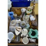 ONE BOX VARIOUS CERAMICS AND GLASS WARES TO INCLUDE HUNTING JUG, VASES, NOVELTY MONEY BOX, OWL