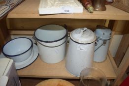 COLLECTION VARIOUS ENAMEL PAILS AND OTHER ENAMEL WARES