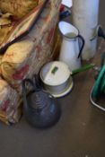 MIXED LOT COMPRISING COPPER KETTLE, ENAMEL JUG AND ENAMEL SAUCEPAN AND OTHERS (5)