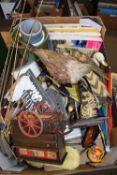 ONE BOX VARIOUS ORNAMENTS, ORDNANCE SURVEY MAPS, HOUSEHOLD SUNDRIES ETC