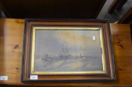 FRAMED STUDY - SHIP AND BOATS ON ROUGH SEA, F/G