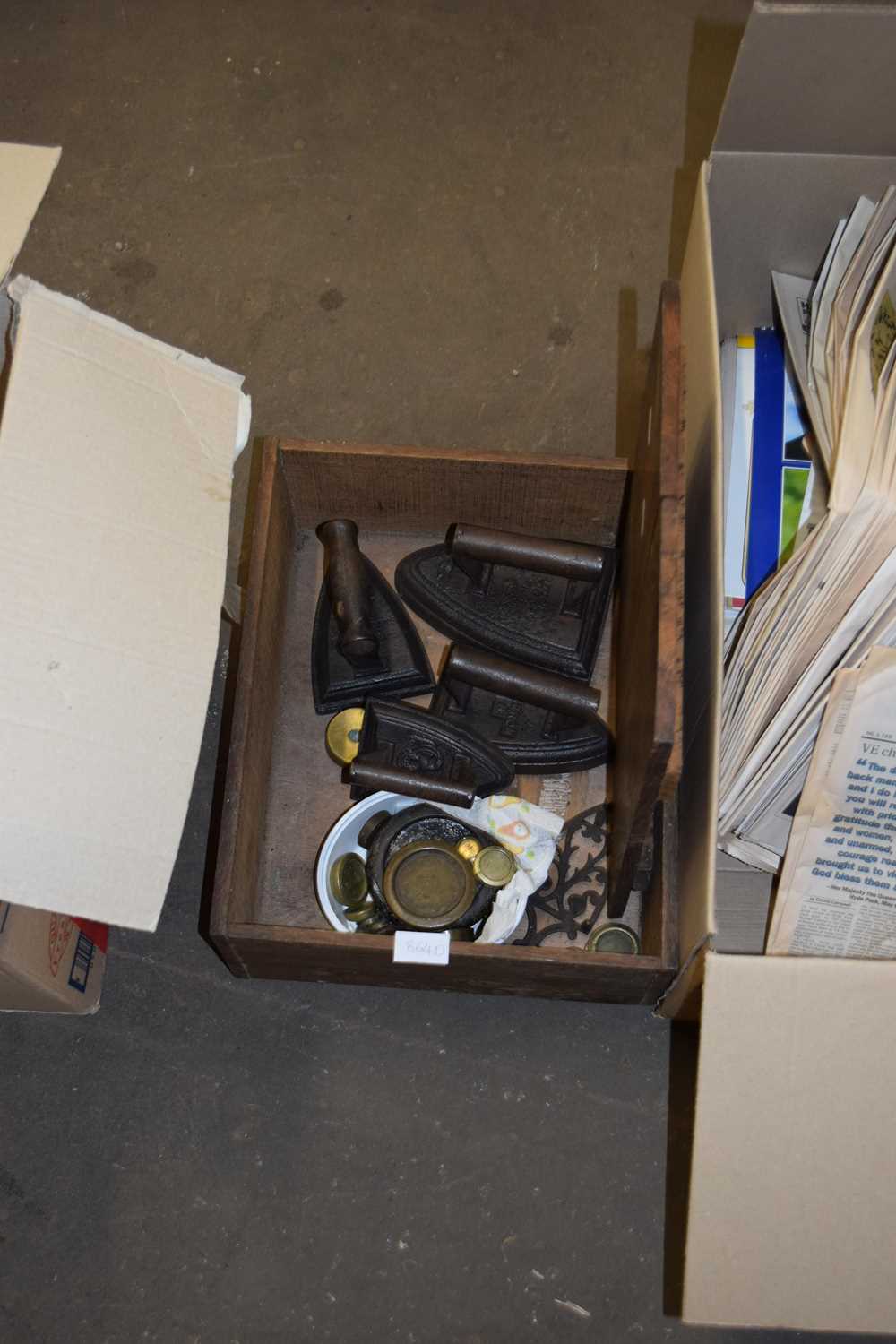 BOX OF FLAT IRONS, BRASS WEIGHTS ETC