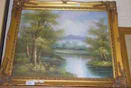 CONTEMPORARY SCHOOL STUDY OF A RIVERSIDE SCENE, OIL ON CANVAS, GILT FRAMED