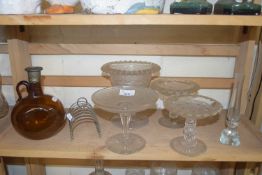 MIXED LOT AMBER GLASS SPIRIT DECANTER, GLASS TAZZAS ETC