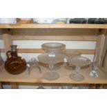 MIXED LOT AMBER GLASS SPIRIT DECANTER, GLASS TAZZAS ETC