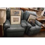 PAIR OF GREEN LEATHER RECLINER CHAIRS