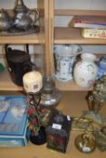 MIXED LOT: OIL LAMP, LANTERN AND A CANDLESTAND