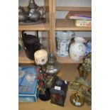 MIXED LOT: OIL LAMP, LANTERN AND A CANDLESTAND