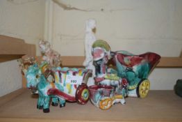 MIXED LOT: VARIOUS ITALIAN NOVELTY JARDINIERES FORMED AS HORSES AND CARTS, FURTHER SMALL