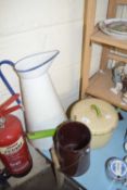 LARGE ENAMEL JUG, ENAMEL SAUCEPAN AND AN ENAMEL PAIL (3)