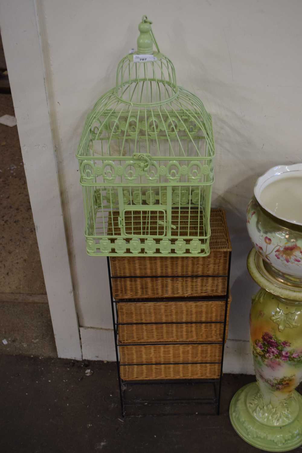 DECORATIVE METAL BIRD CAGE AND A WICKER DRAWER UNIT