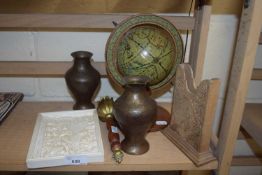 MIXED LOT MINIATURE GLOBE, BRASS VASES, PLASTERWORK WALL PLAQUE ETC