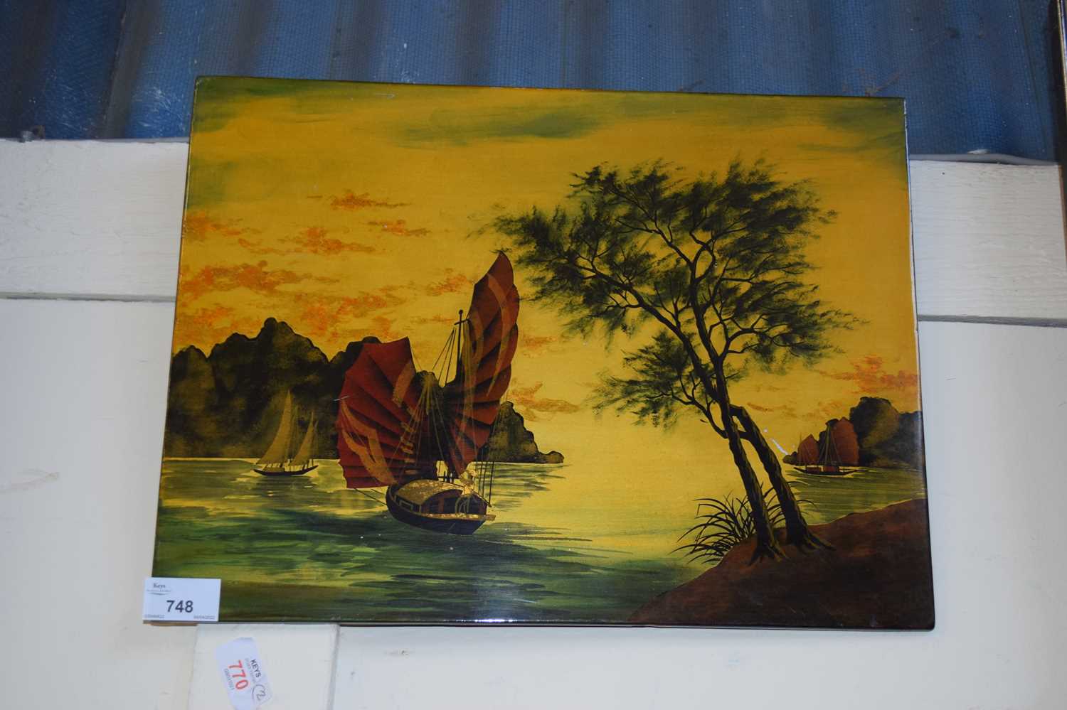 MODERN ORIENTAL SCHOOL STUDY OF BOATS, OIL, LACQUERED FINISH, UNFRAMED