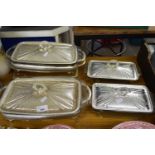 QUANTITY OF MODERN GLASS SERVING DISHES WITH PLATED LIDS