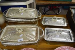 QUANTITY OF MODERN GLASS SERVING DISHES WITH PLATED LIDS