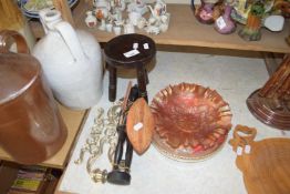 MIXED LOT : CARNIVAL GLASS DISH, MINIATURE MILKING STOOL, AFRICAN HARDWOOD FIGURE ETC