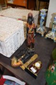 MIXED LOT : MINIATURE MANTEL CLOCK, VARIOUS FIGURES, TOBACCO PIPE ETC