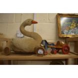 CHILD'S PULL ALONG WHEELED SWAN AND FURTHER PULL-ALONG WOODEN TOY DONKEY AND CART