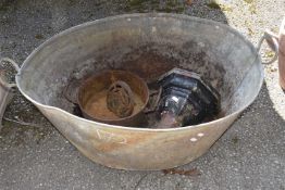 Galvanised bath with other items including a cast iron hopper and pan