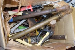 Box containing garage clearance items to include hammers, saws, axes etc