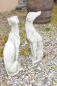 Pair of small composite seated whippets, approx 56cm high